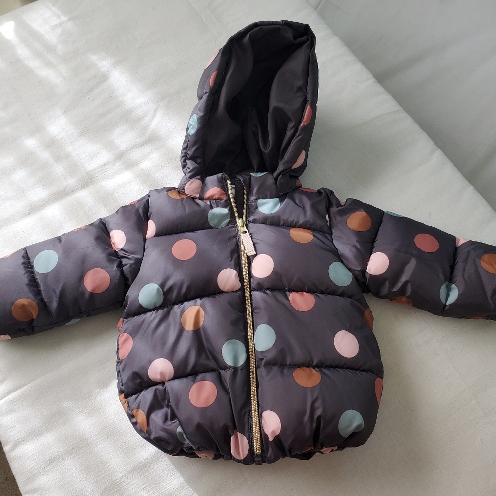 H&M Girls Sz 12 Months Black with Muli-Colored Polka Dots Puffer Jacket Like New